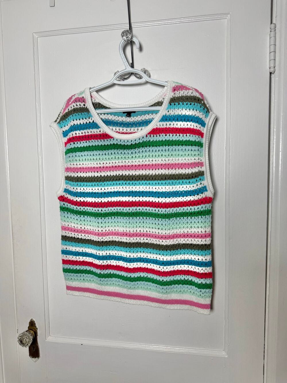Talbots Crochet Sweater Vest Large Multicolor Striped Cotton Boho Coastal Preppy